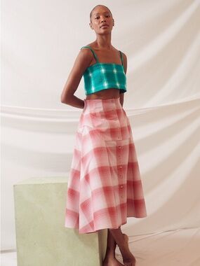 Rosie Assoulin Red Plaid Button-Front A-Line Midi Skirt Sz 6